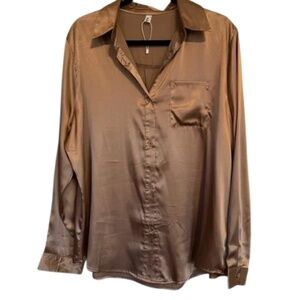 Pausus Tan Satin Button Down Long Sleeve Shirt Size L
